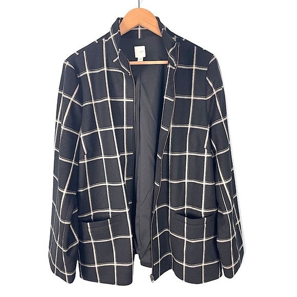 J. Jill Black Cream Windowpane Print Fill Zip Front Jacket Lined Size Large - Picture 6 of 9